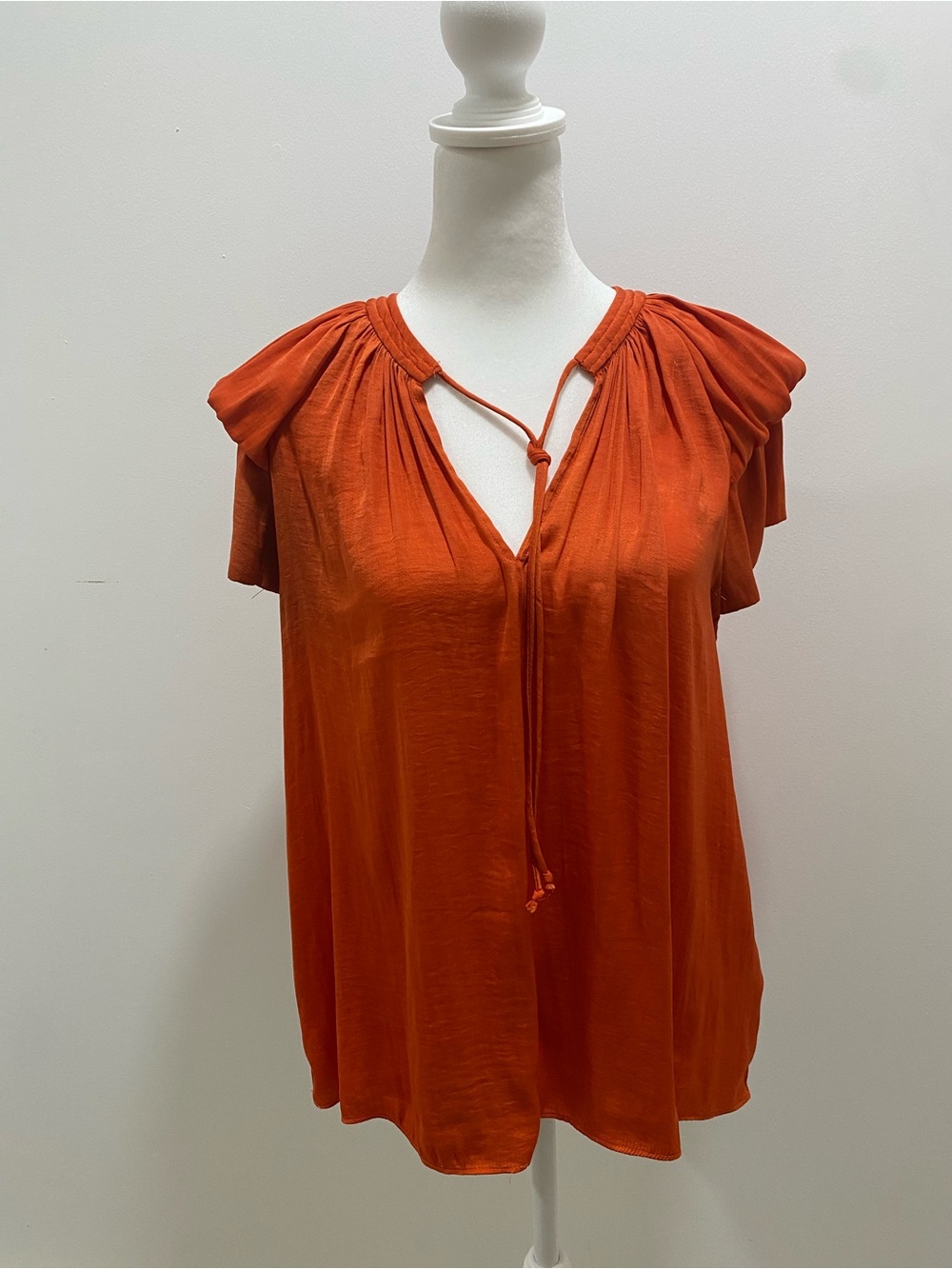 Catherine Malandrino Burnt Orange Tie-Neck Short Sleeve Blouse
